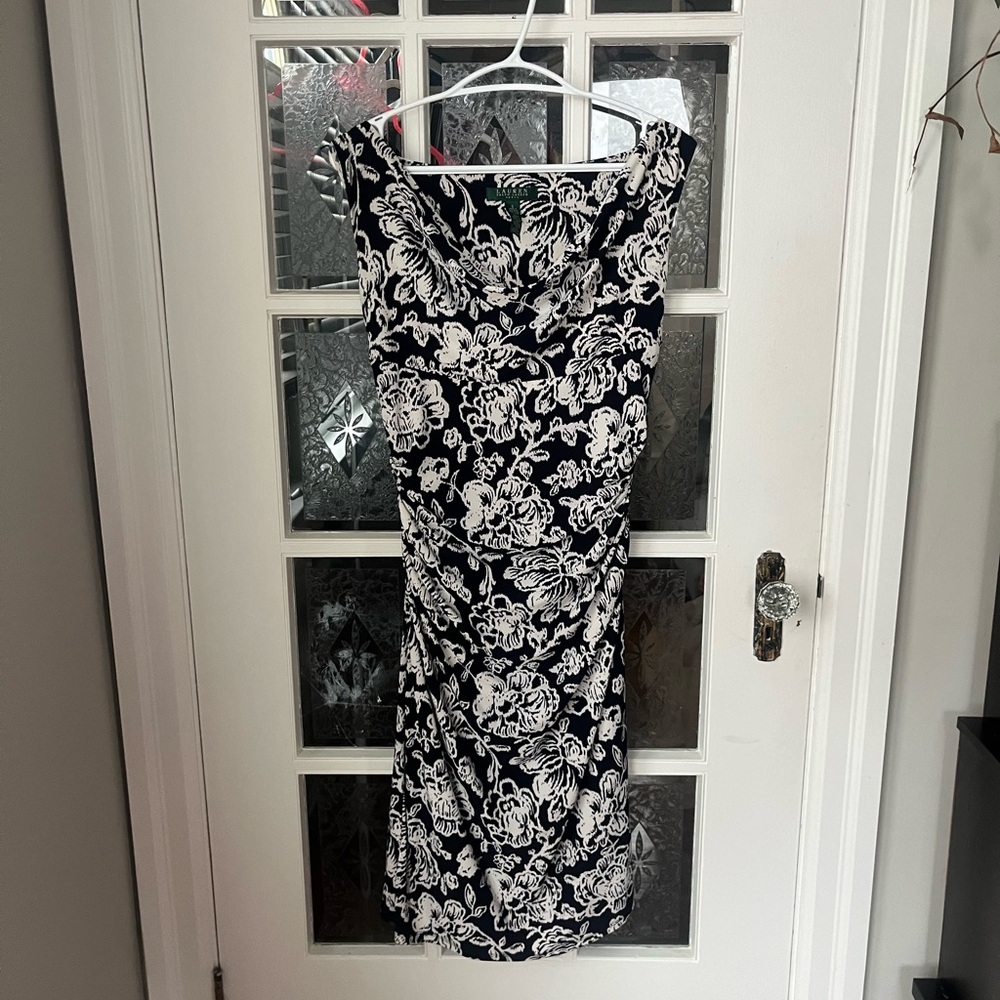 Ralph Lauren Black and White Floral Midi Dress | Designer Dresses | Size 6